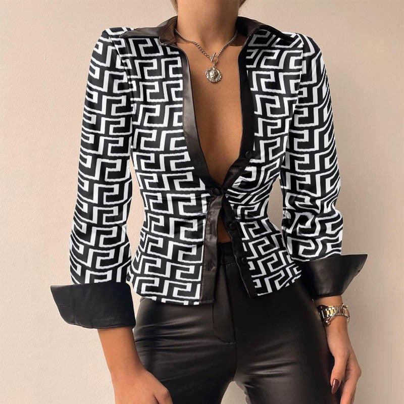 Aurélie - V-neck PU leather printed long-sleeve patchwork blouse