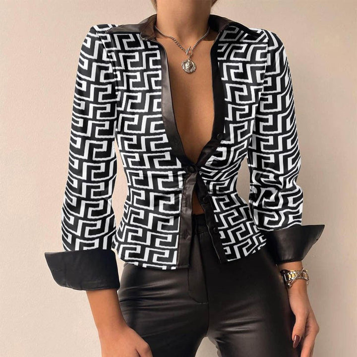 Aurélie - V-neck PU leather printed long-sleeve patchwork blouse