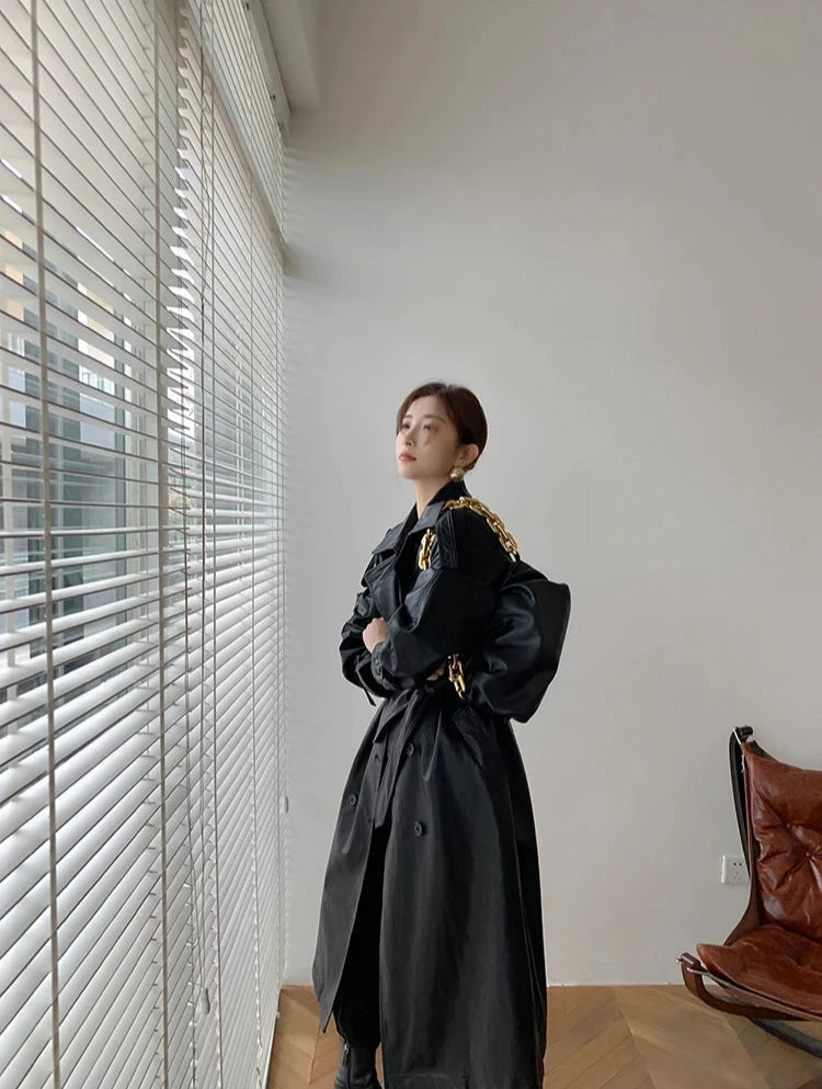 Eleganter Langer Ledermantel Mit Gürtel Für Damen | Perfekt für Alltägliche Anlässe