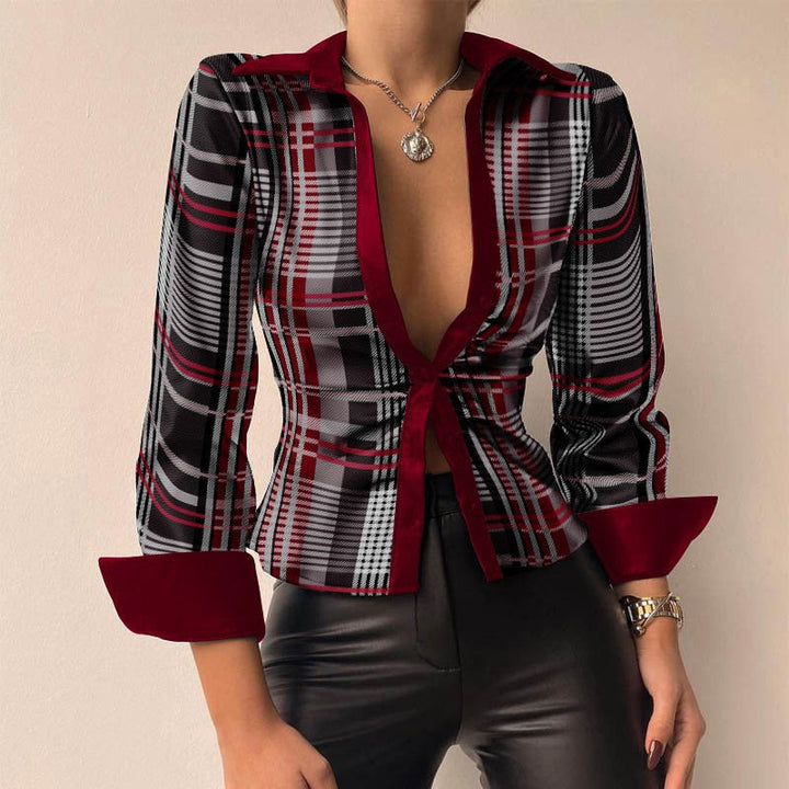 Aurélie - V-neck PU leather printed long-sleeve patchwork blouse