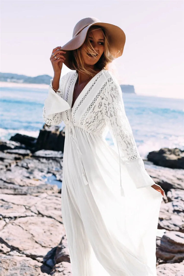 Elegantes Maxikleid mit Spitzenärmeln und Boho-Details – Perfekt für Strand, Urlaub & Sommerfeste