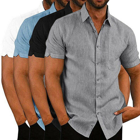 Chemise en lin à manches courtes pour homme avec patte de boutonnage – Chemise d'été légère pour loisirs, vacances et quotidien