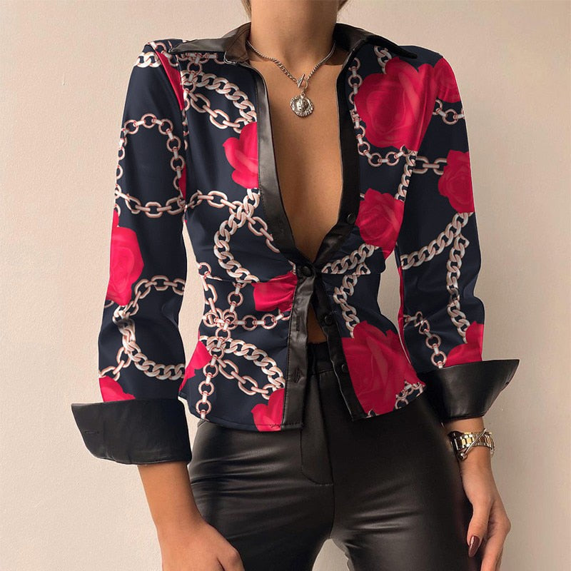 Aurélie - V-neck PU leather printed long-sleeve patchwork blouse