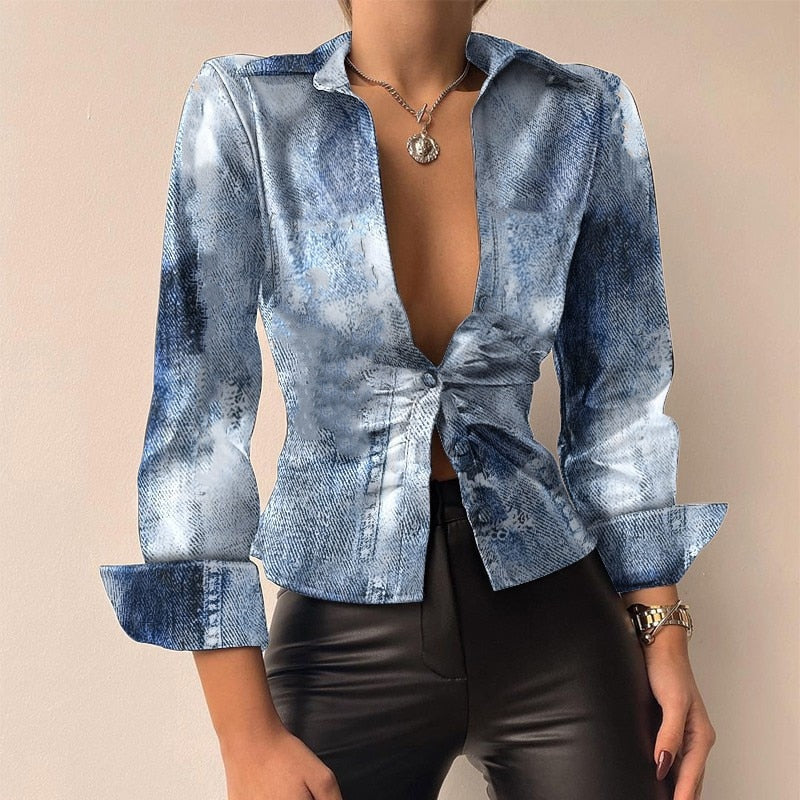 Aurélie - V-neck PU leather printed long-sleeve patchwork blouse