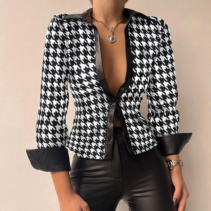 Aurélie - V-neck PU leather printed long-sleeve patchwork blouse