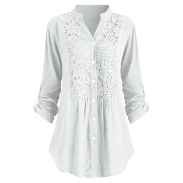 Tunica da donna con pizzo – vestibilità comoda, scollo a V e abbottonatura, stile boho casual