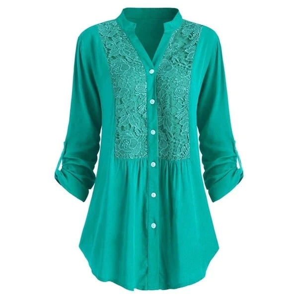 Tunica da donna con pizzo – vestibilità comoda, scollo a V e abbottonatura, stile boho casual