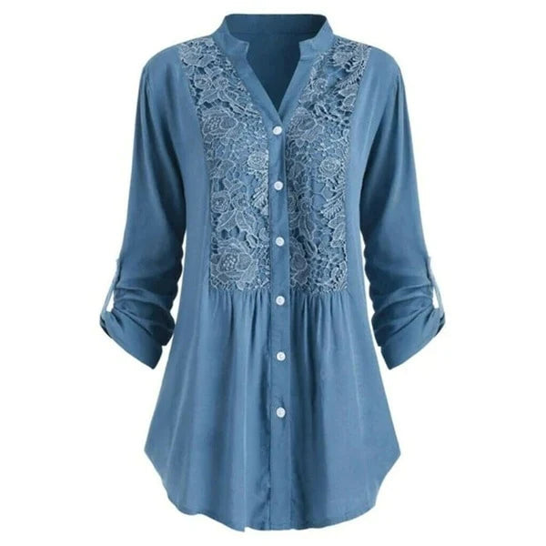 Tunica da donna con pizzo – vestibilità comoda, scollo a V e abbottonatura, stile boho casual