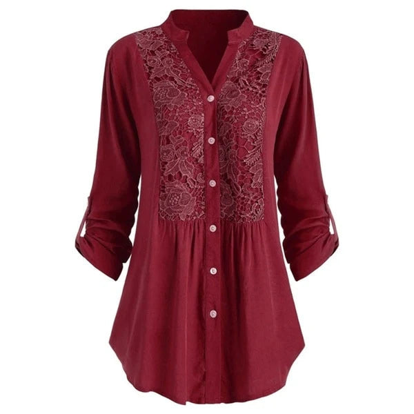 Tunica da donna con pizzo – vestibilità comoda, scollo a V e abbottonatura, stile boho casual