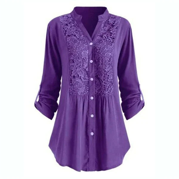 Tunica da donna con pizzo – vestibilità comoda, scollo a V e abbottonatura, stile boho casual
