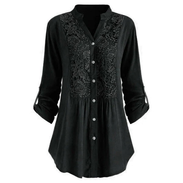 Tunica da donna con pizzo – vestibilità comoda, scollo a V e abbottonatura, stile boho casual