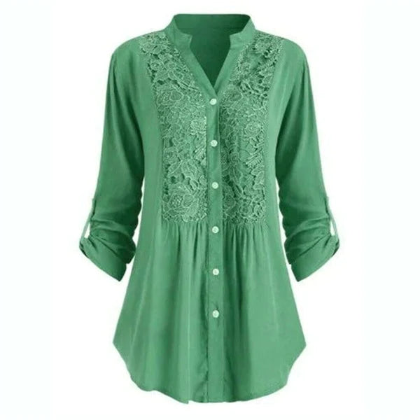 Tunica da donna con pizzo – vestibilità comoda, scollo a V e abbottonatura, stile boho casual