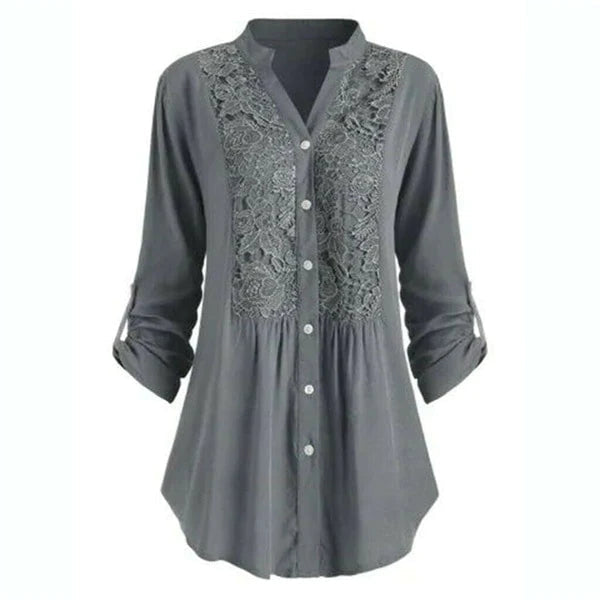 Tunica da donna con pizzo – vestibilità comoda, scollo a V e abbottonatura, stile boho casual
