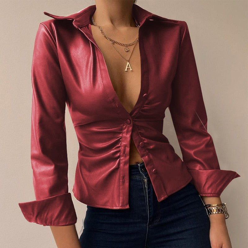 Aurélie - V-neck PU leather printed long-sleeve patchwork blouse