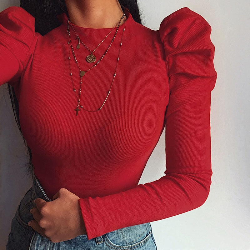 Top manches longues pour femme avec manches bouffantes – T-shirt côtelé moulant avec col rond