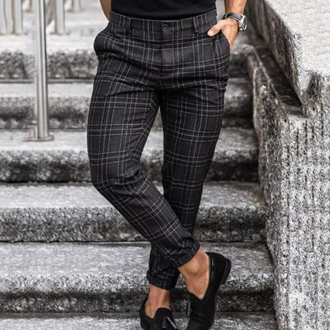 Pantalon en tissu à carreaux élégant pour hommes – Pantalon de costume slim fit avec stretch et ceinture élastique