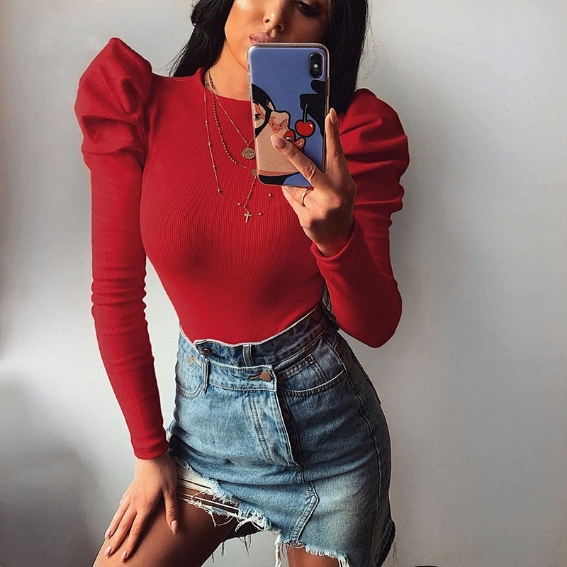 Top manches longues pour femme avec manches bouffantes – T-shirt côtelé moulant avec col rond