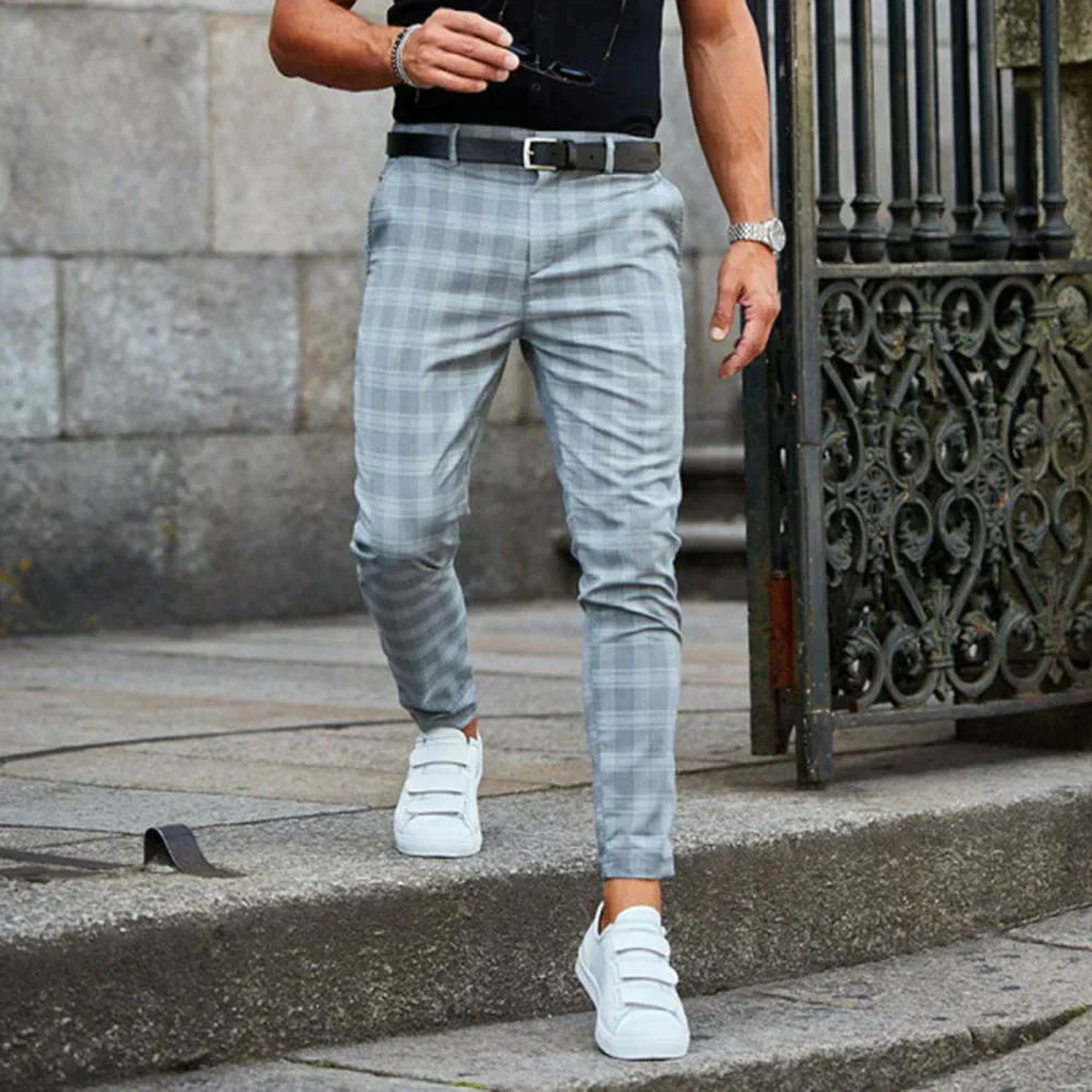 Pantalon en tissu à carreaux élégant pour hommes – Pantalon de costume slim fit avec stretch et ceinture élastique