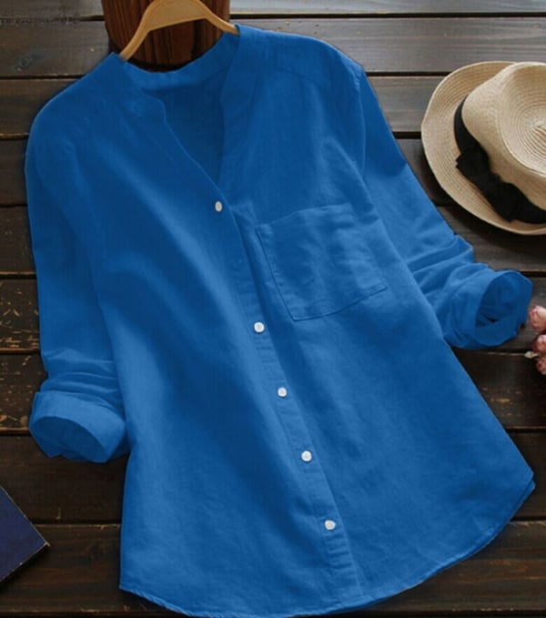 Damen Leinenbluse mit Stehkragen – Luftiges Langarmshirt mit Knopfleiste & Brusttasche für Frühling, Sommer & Alltag