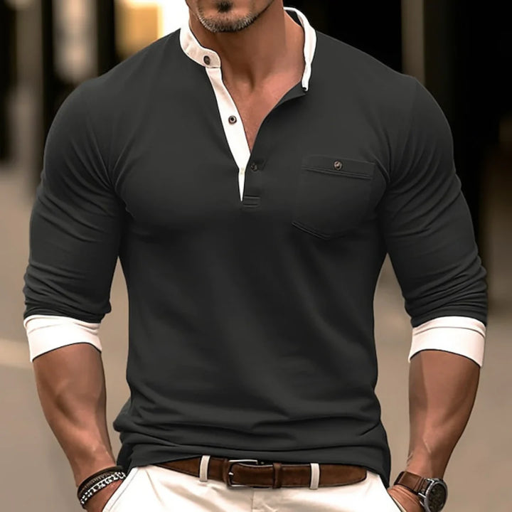 Men's long-sleeve Henley shirt with contrast collar – slim fit casual shirt with button placket & chest pocket