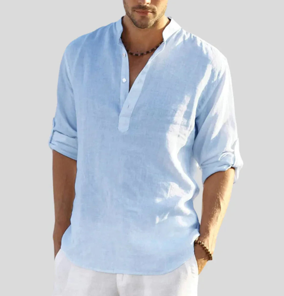 Luftiges Herren Leinenhemd mit Stehkragen – Sommer Longsleeve im Boho Look für Urlaub, Strand & Freizeit