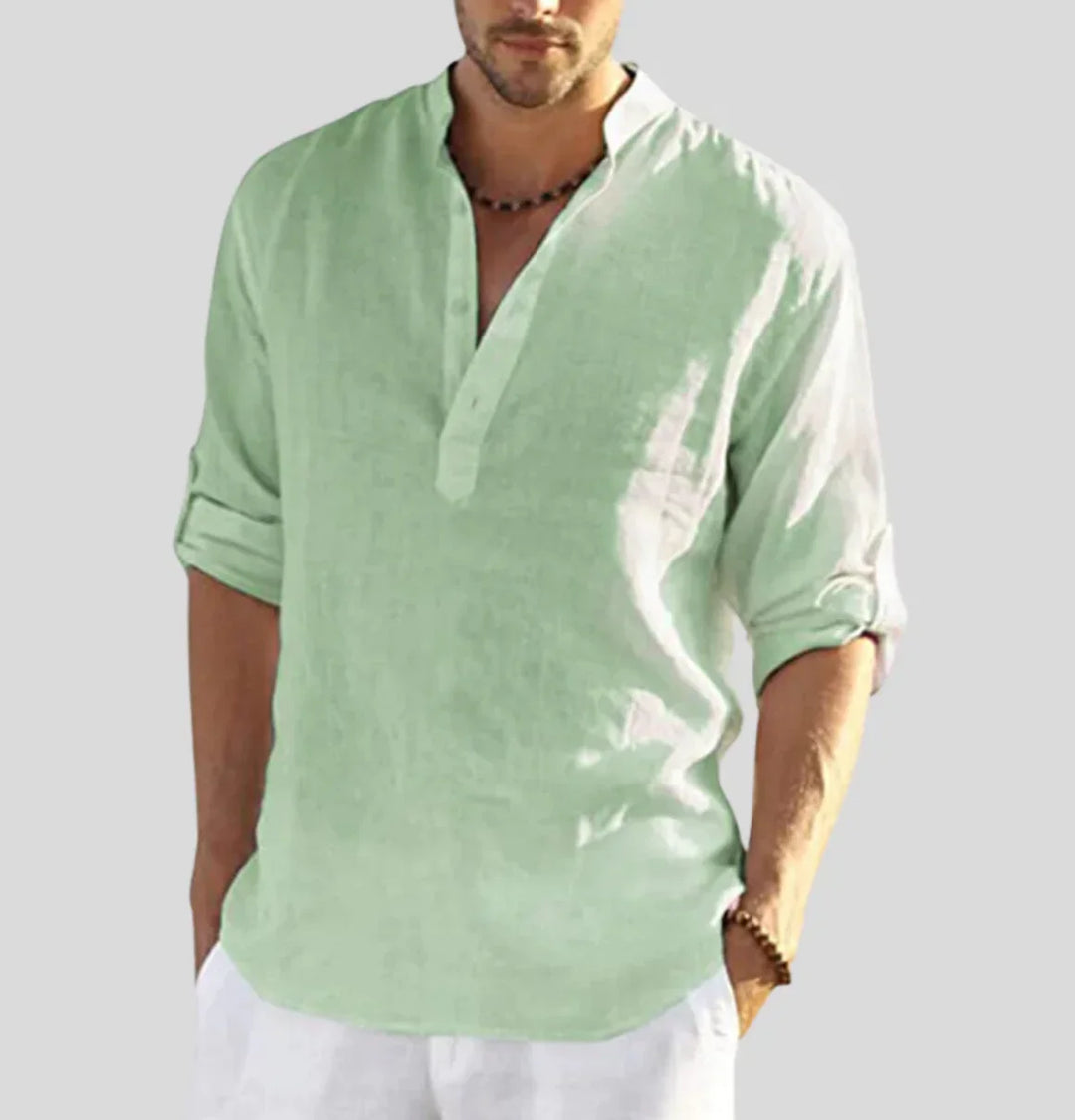 Luftiges Herren Leinenhemd mit Stehkragen – Sommer Longsleeve im Boho Look für Urlaub, Strand & Freizeit