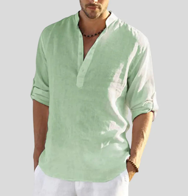 Luftiges Herren Leinenhemd mit Stehkragen – Sommer Longsleeve im Boho Look für Urlaub, Strand & Freizeit