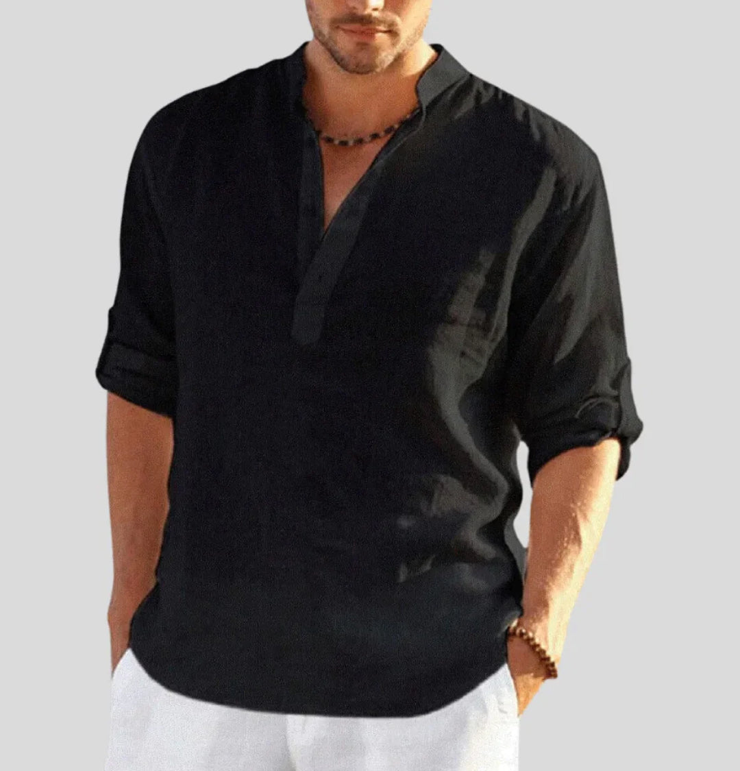 Luftiges Herren Leinenhemd mit Stehkragen – Sommer Longsleeve im Boho Look für Urlaub, Strand & Freizeit