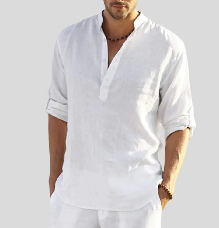 Luftiges Herren Leinenhemd mit Stehkragen – Sommer Longsleeve im Boho Look für Urlaub, Strand & Freizeit