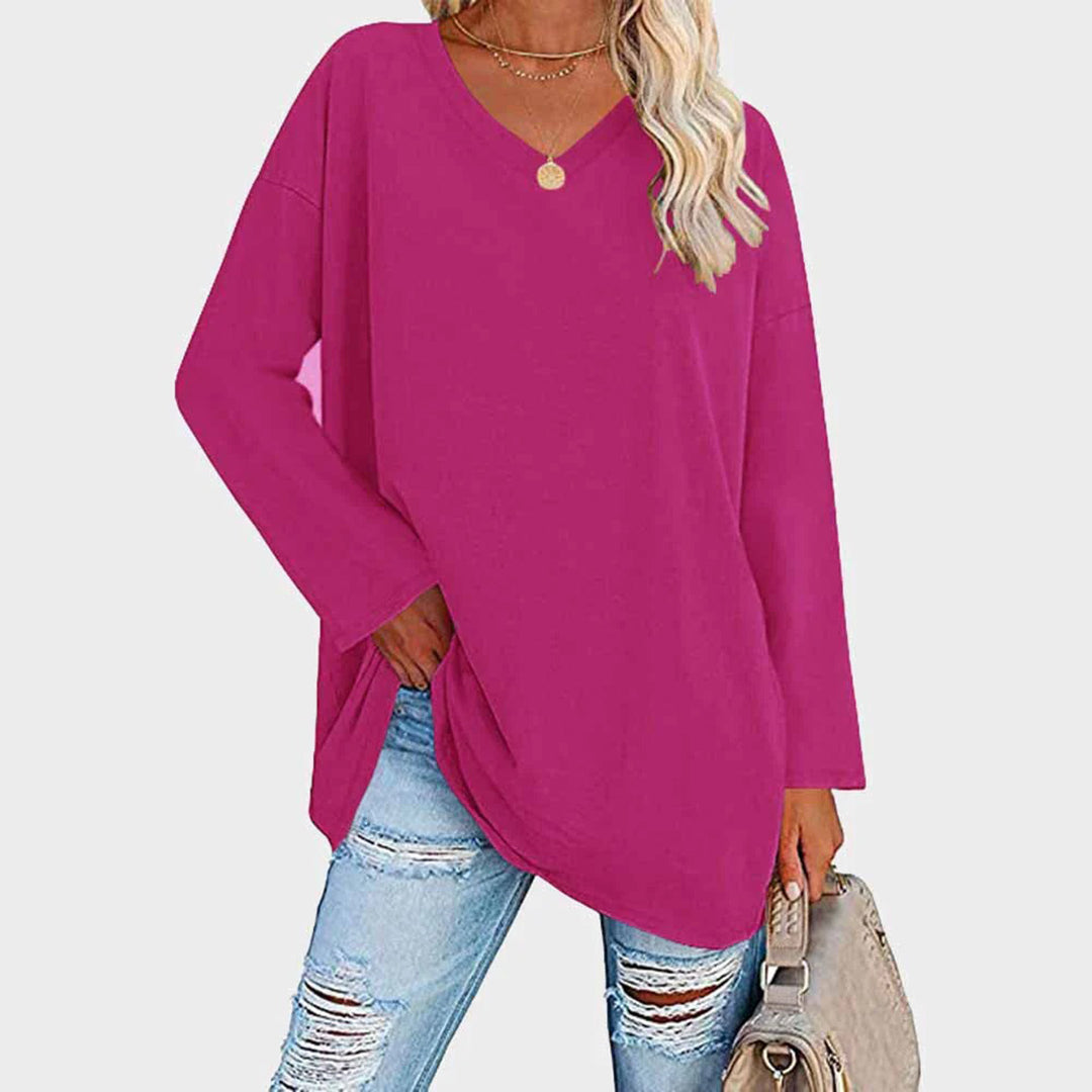 Maglia oversize da donna a manica lunga con scollo a V – Top basic casual a maniche lunghe