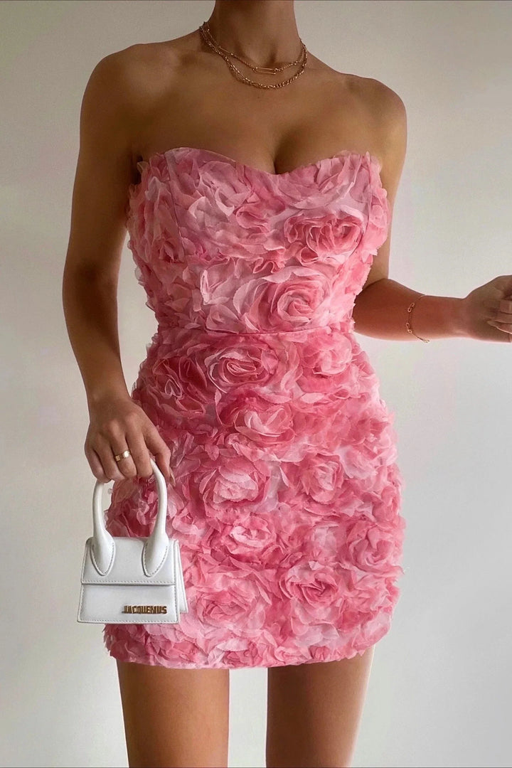 Abito corto senza spalline da donna – abito elegante con fiori 3D per feste ed eventi