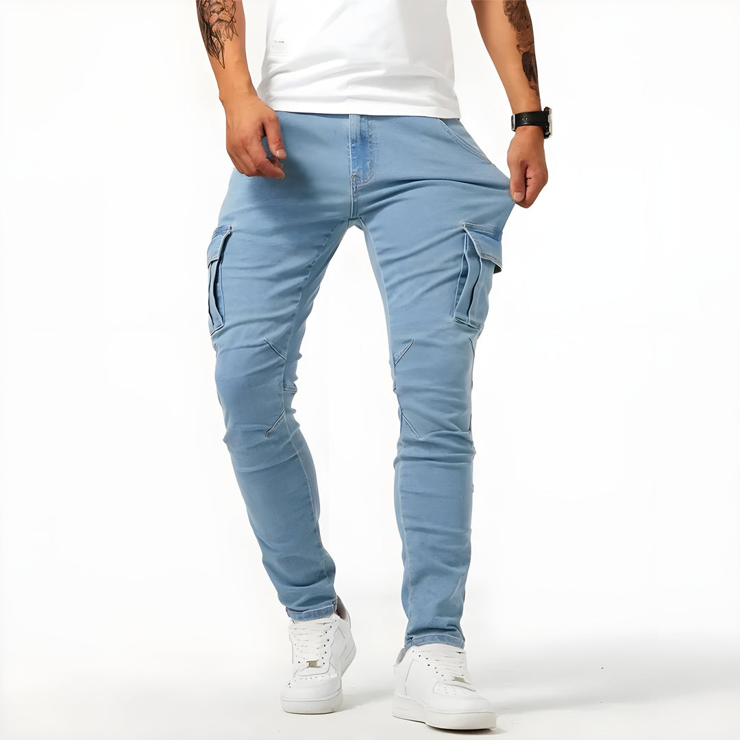 Jeans cargo pour hommes – Pantalon en denim élastique avec poches, pantalon robuste toute l'année au look streetwear