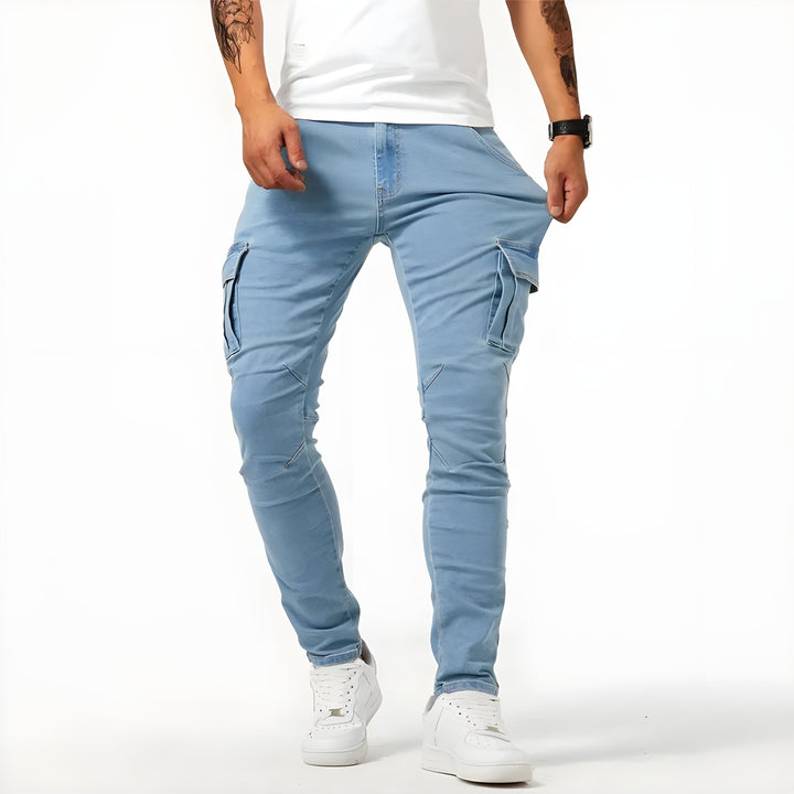 Jeans cargo pour hommes – Pantalon en denim élastique avec poches, pantalon robuste toute l'année au look streetwear