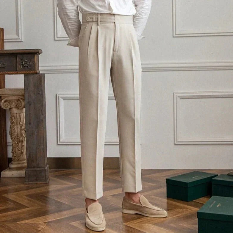 Pantalon de costume homme à taille haute – Pantalon élégant en tissu avec plis sur la ceinture et coupe slim pour affaires, événements et tenue décontractée chic