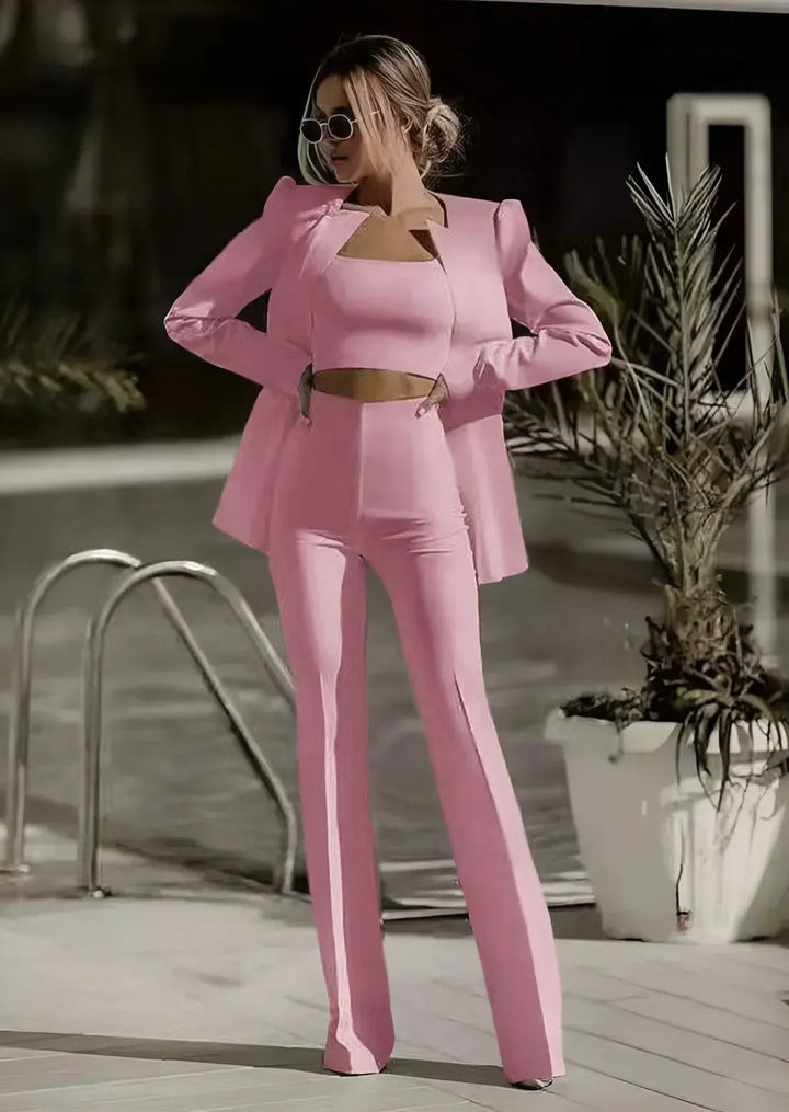 Completo da donna 3 pezzi – Blazer, pantaloni a vita alta e crop top per affari, eventi e look di moda