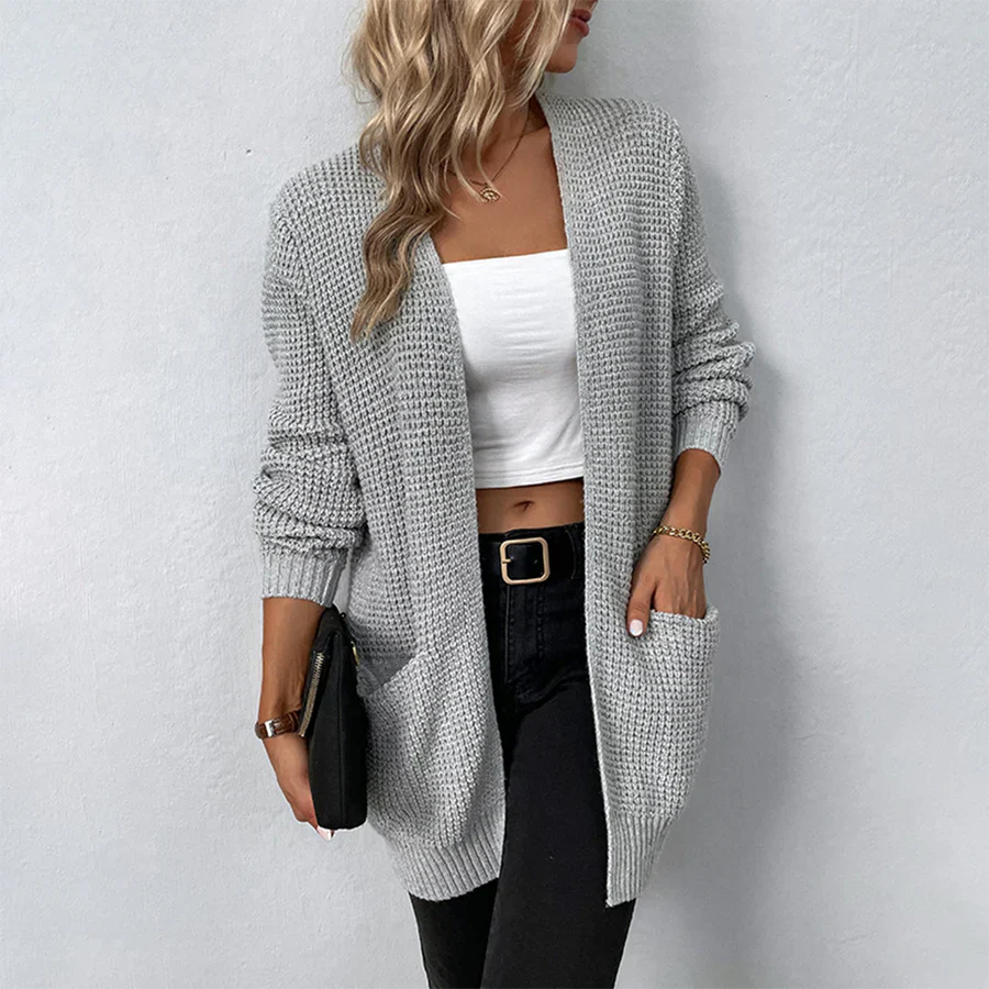 Cardigan en maille pour femmes en vert olive – Long manteau en grosse maille avec poches & coupe ouverte – Veste de transition confortable pour l'automne & l'hiver