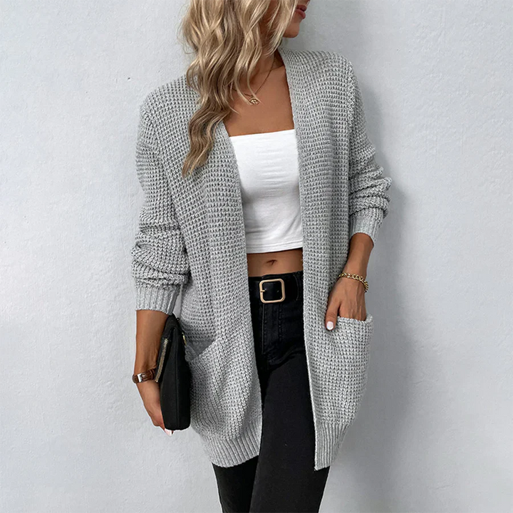 Cardigan en maille pour femmes en vert olive – Long manteau en grosse maille avec poches & coupe ouverte – Veste de transition confortable pour l'automne & l'hiver