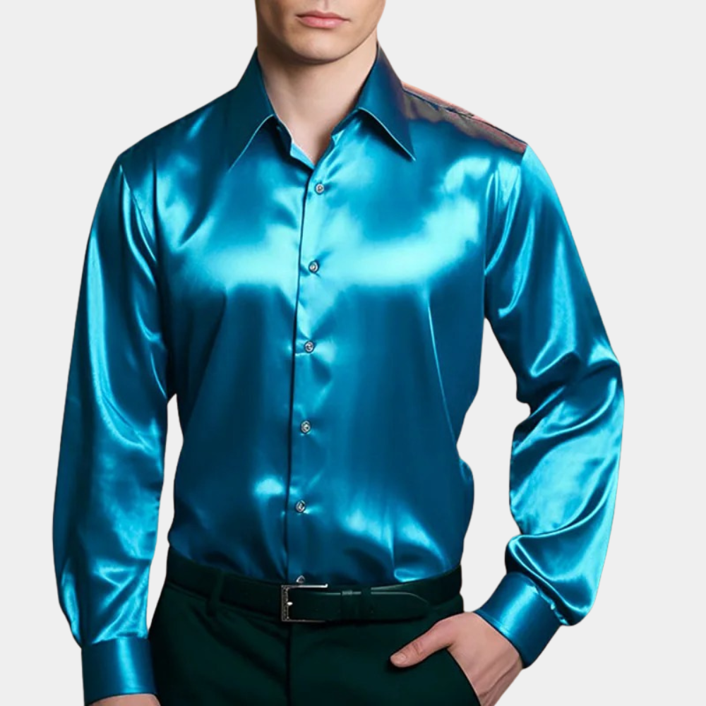 Chemise satin homme avec effet brillant – Chemise à manches longues pour soirées en club et événements