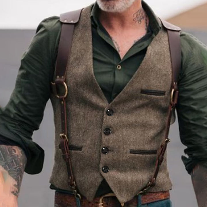 Vintage Herren Weste mit Knöpfen & Echtleder-Hosenträger – Tweed Look für Business, Hochzeit & Retro-Outfits