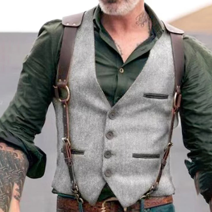 Vintage Herren Weste mit Knöpfen & Echtleder-Hosenträger – Tweed Look für Business, Hochzeit & Retro-Outfits