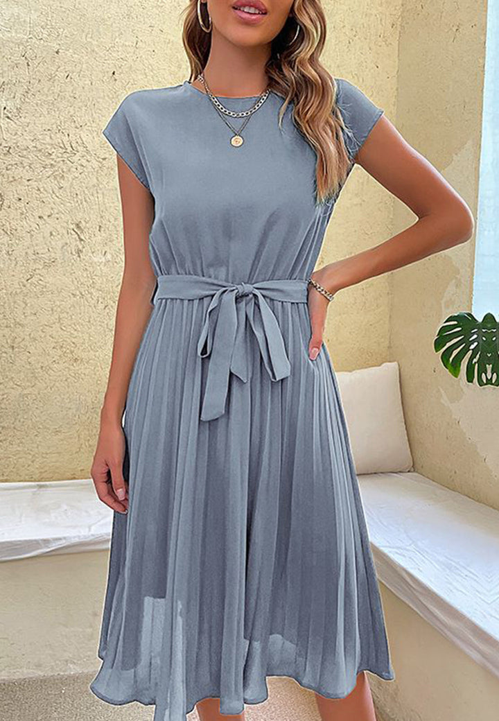 Abito plissé da donna con cintura – Abito estivo al ginocchio con scollo rotondo e gonna a pieghe – Elegante per ufficio e vita quotidiana