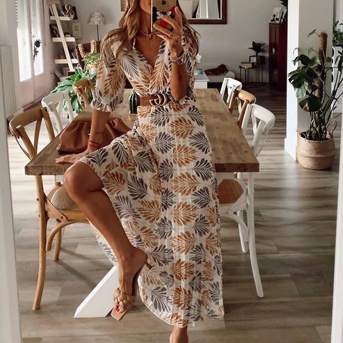 Boho Maxikleid mit Blätterprint – Luftiges Damen Sommerkleid mit V-Ausschnitt & Gürtel für Urlaub & Alltag