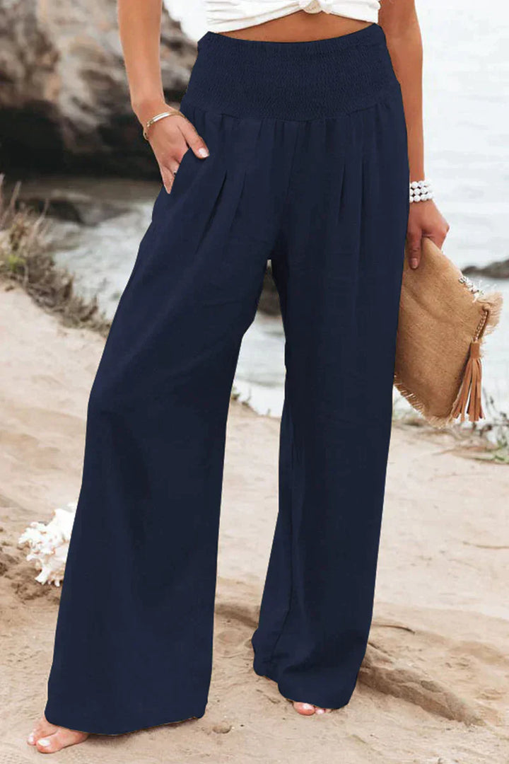 Pantalon en lin pour femmes avec ceinture smockée – Pantalon d'été taille haute ample pour la plage, les vacances et le quotidien