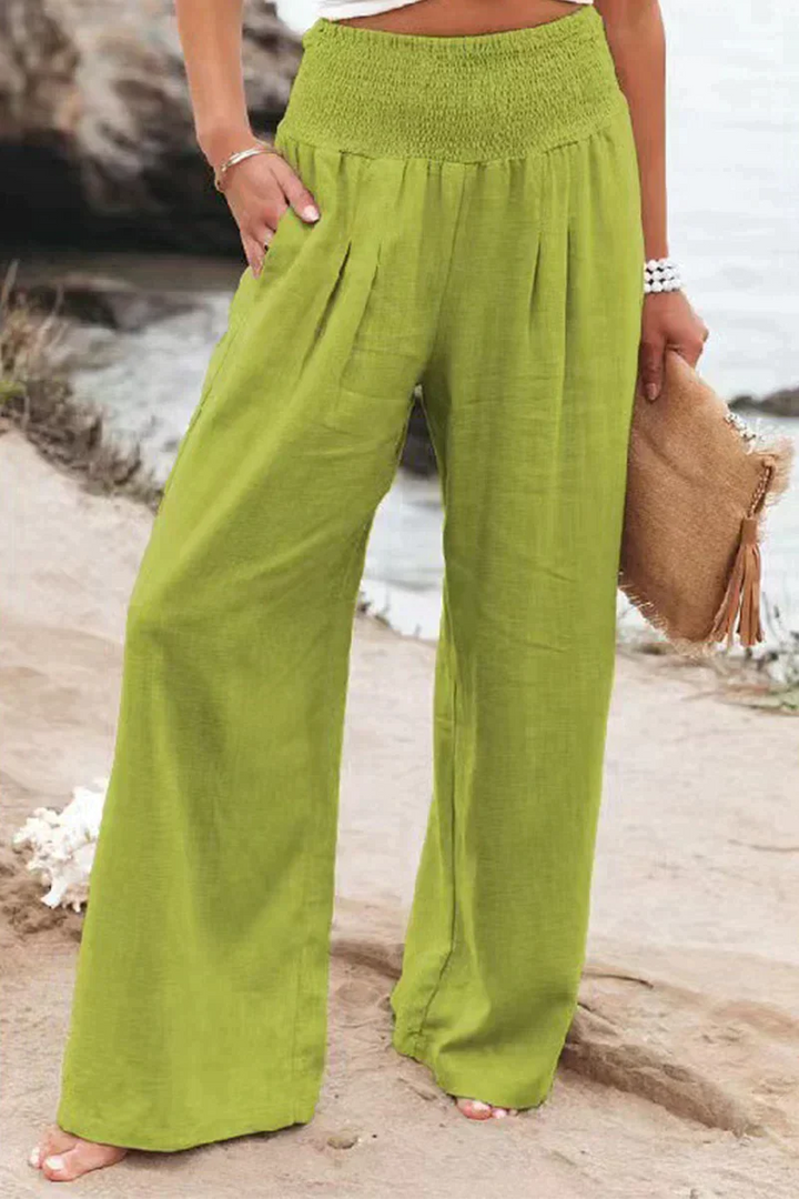 Pantalon en lin pour femmes avec ceinture smockée – Pantalon d'été taille haute ample pour la plage, les vacances et le quotidien