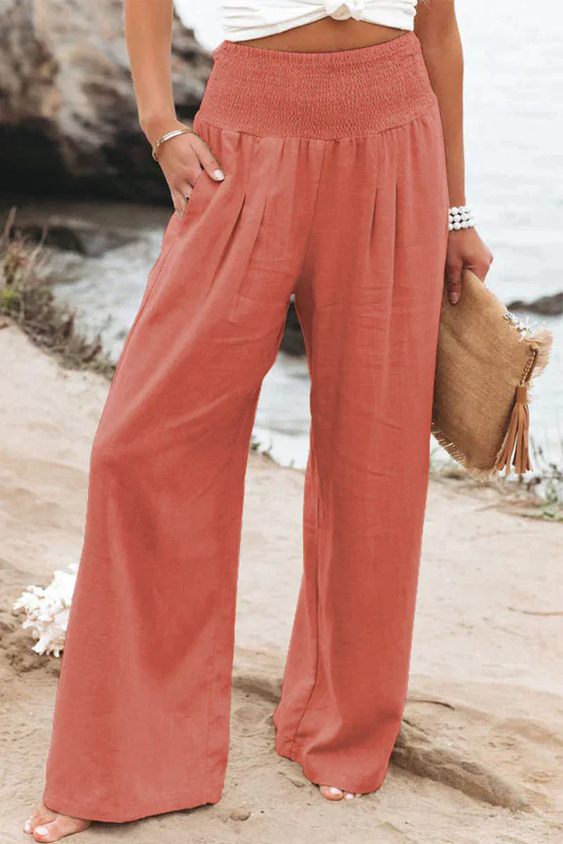 Pantalon en lin pour femmes avec ceinture smockée – Pantalon d'été taille haute ample pour la plage, les vacances et le quotidien