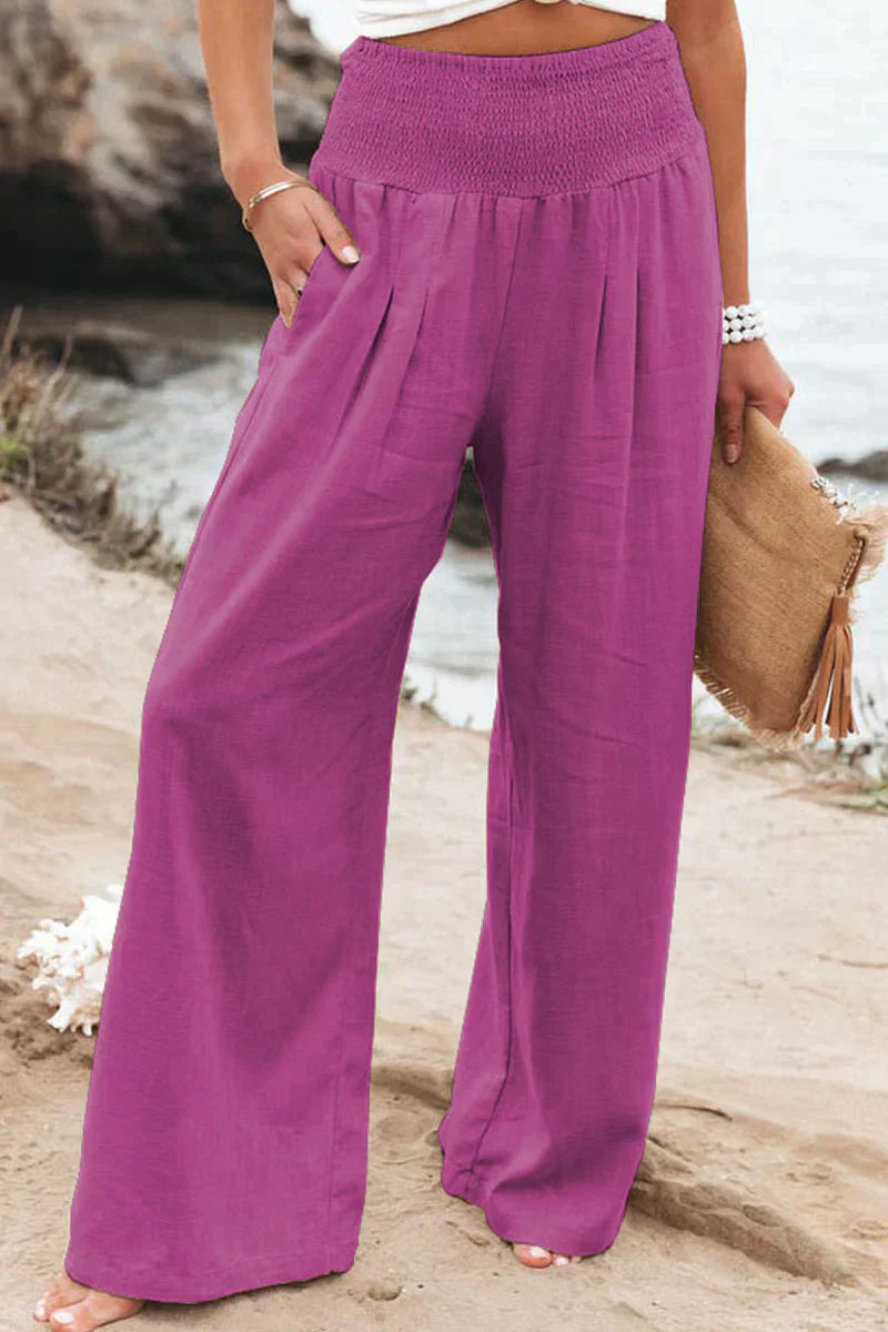 Pantalon en lin pour femmes avec ceinture smockée – Pantalon d'été taille haute ample pour la plage, les vacances et le quotidien