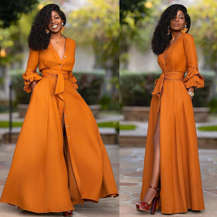 Langes Damenkleid mit Knopfleiste – Elegantes Maxikleid mit Gürtel und V-Ausschnitt in Wickeloptik