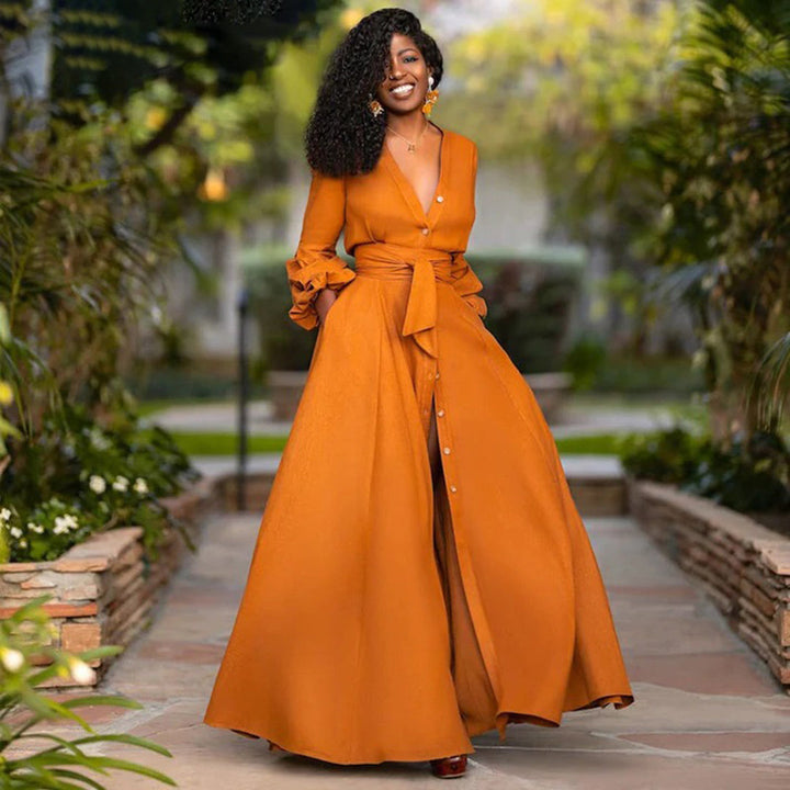Langes Damenkleid mit Knopfleiste – Elegantes Maxikleid mit Gürtel und V-Ausschnitt in Wickeloptik