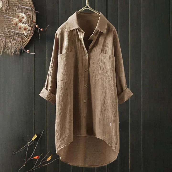 Camicia oversize da donna – Camicia di lino ampia con tasche sul petto e taglio asimmetrico