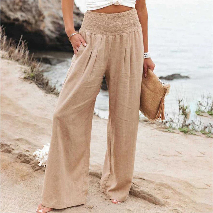 Pantalon d'été large pour femme avec ceinture élastique – Pantalon léger style lin pour vacances & quotidien